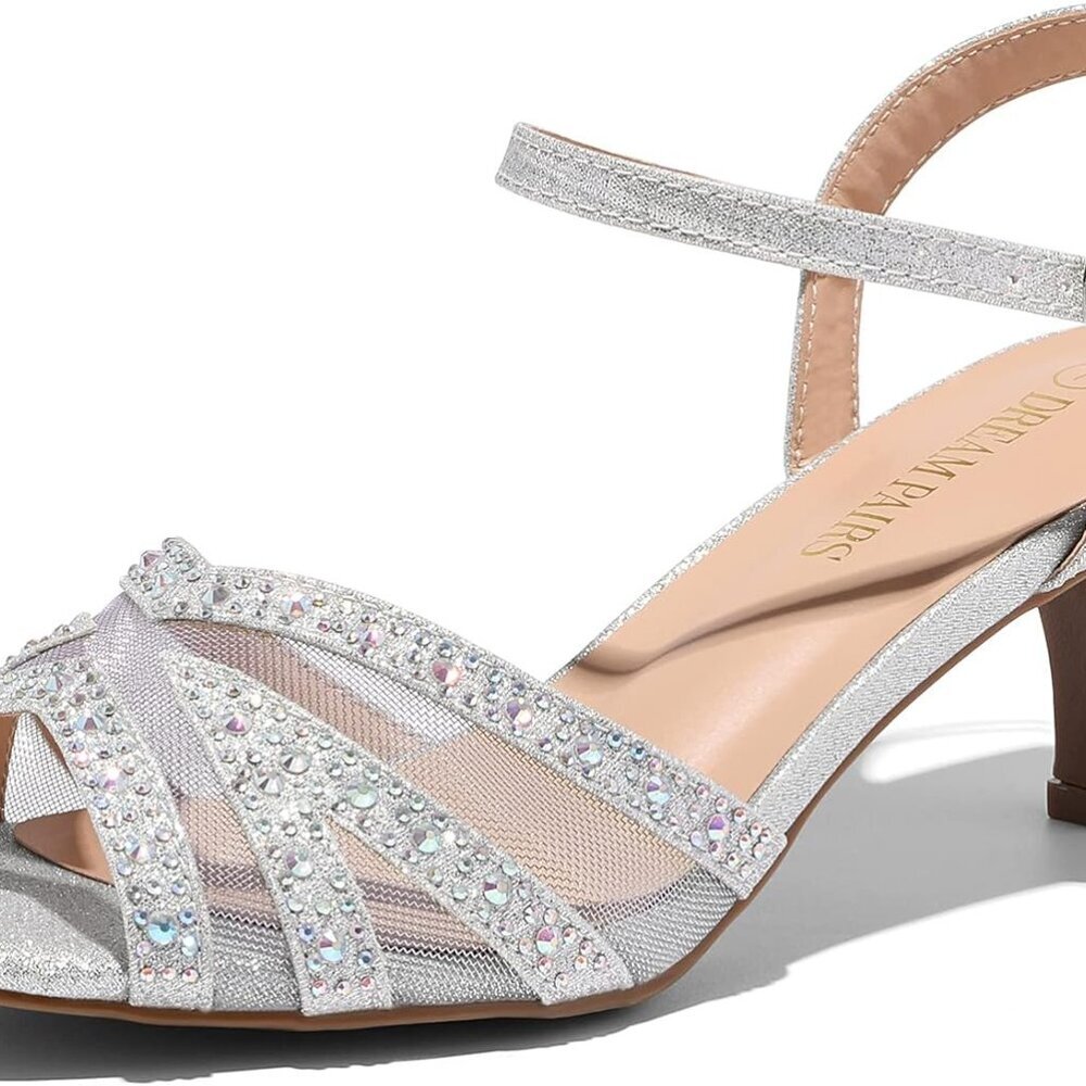Women's Glitter Low Heel Pump Sandals Tpr Sole Buckle Ankle Strap Size 9